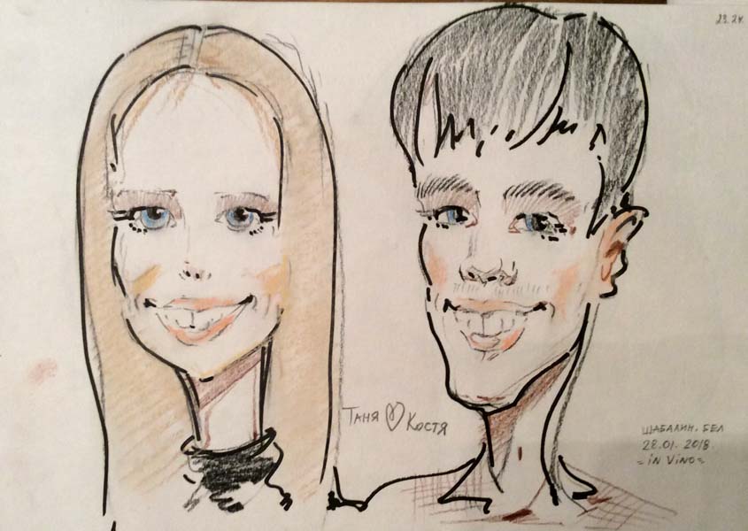 Шарж Тани и Кости на свадьбе от Михаила Шабалина